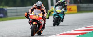 Preview wallpaper motorcycle, orange, motorcyclist, track, race, moto