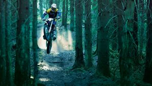 Preview wallpaper motorcycle, racer, wood, jump, extreme