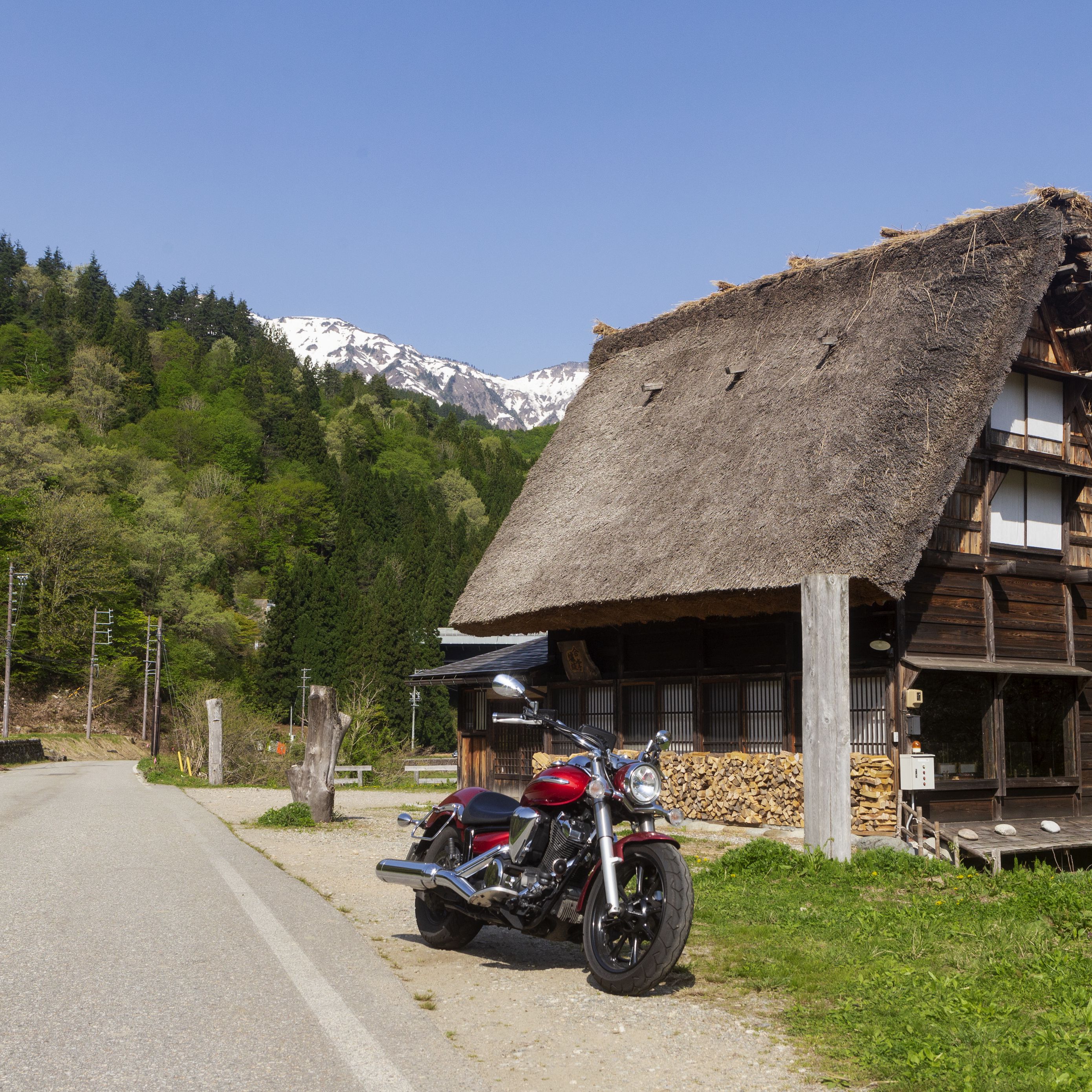 2780x2780 Wallpaper motorcycle, red, house, trees, mountain