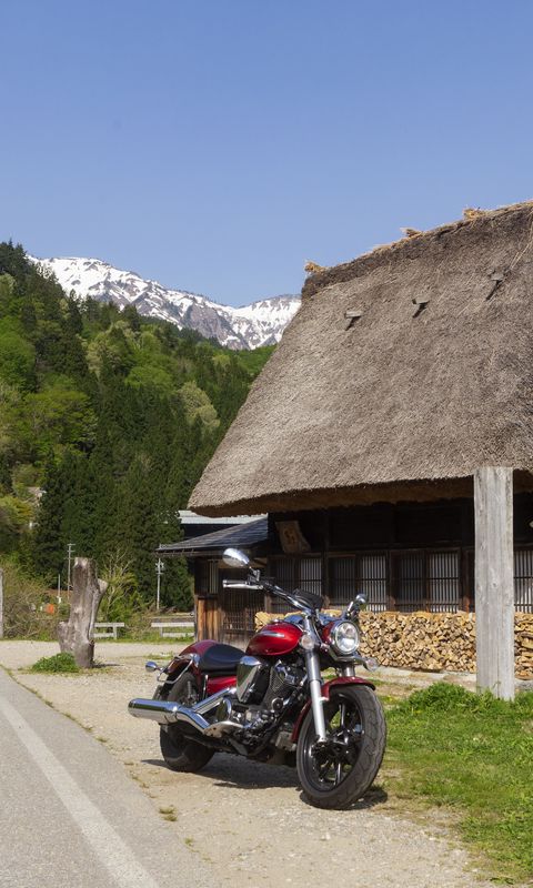 480x800 Wallpaper motorcycle, red, house, trees, mountain