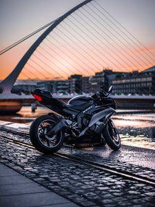 Preview wallpaper motorcycle, side view, bike, city, blur