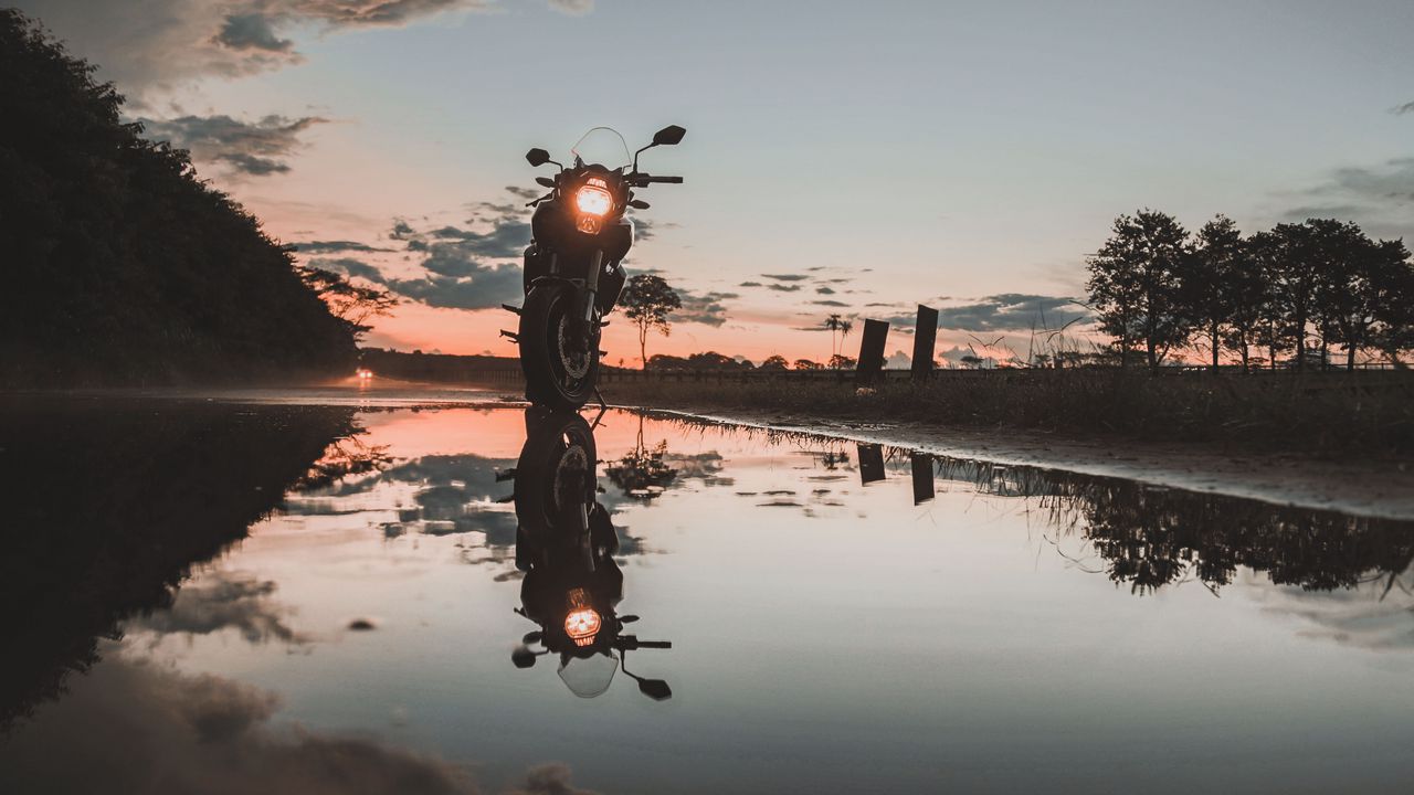 Wallpaper motorcycle, sunset, reflection, water, sky