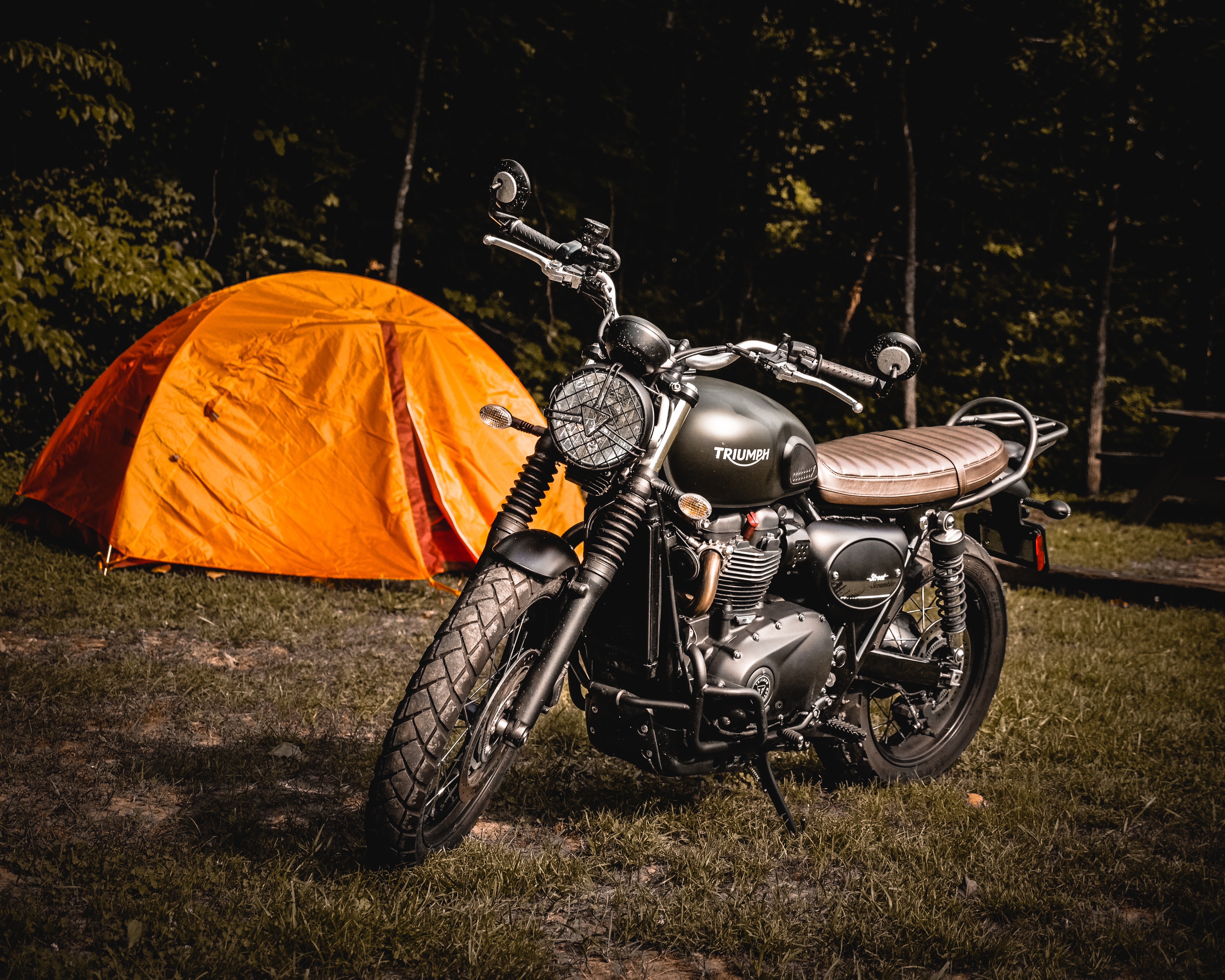 Download wallpaper 4860x3888 motorcycle, tent, grass hd background