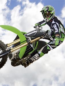 Preview wallpaper motorcycle, trick, jump, extreme, sky, clouds