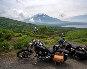 Preview wallpaper motorcycles, bikes, black, fuji, mountain