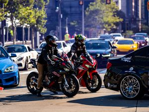 Preview wallpaper motorcycles, bikes, motorcyclists, road, cars