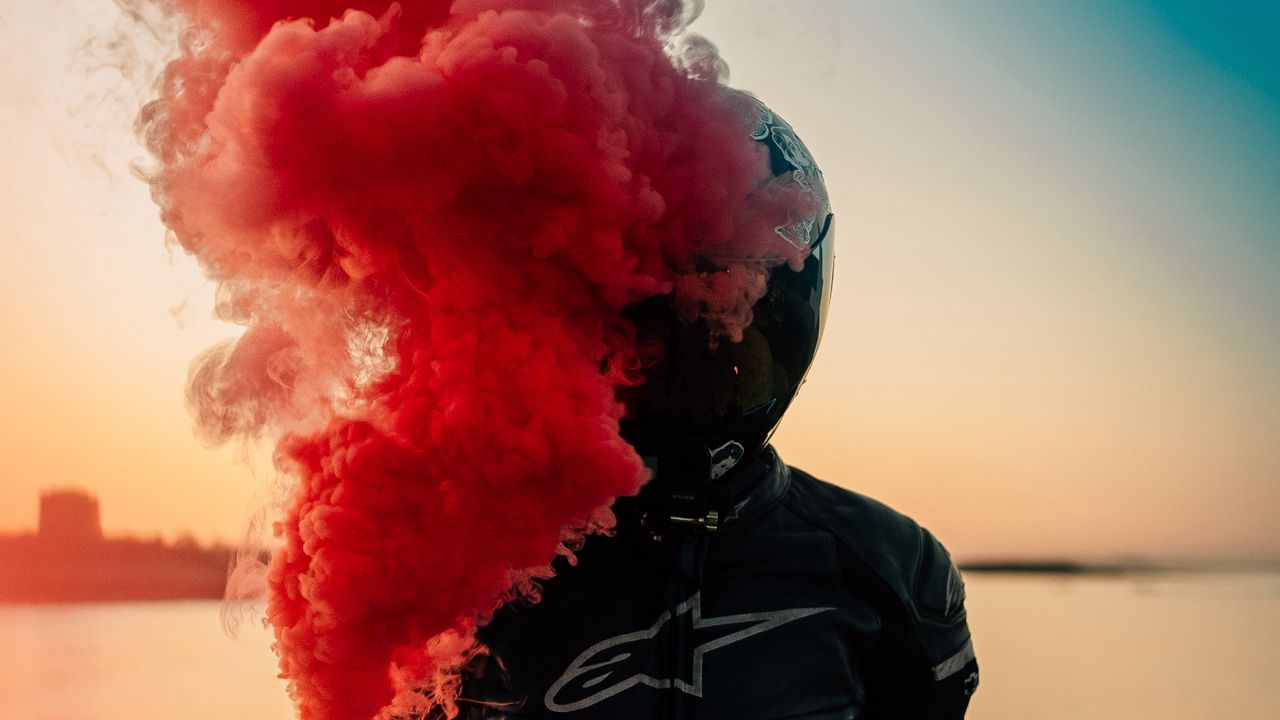 Wallpaper motorcyclist, biker, smoke, helmet
