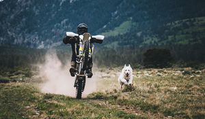 Preview wallpaper motorcyclist, dog, race, grass