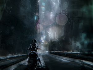 Preview wallpaper motorcyclist, futurism, city, cyberpunk