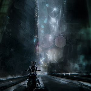 Preview wallpaper motorcyclist, futurism, city, cyberpunk
