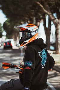 Preview wallpaper motorcyclist, helmet, motorcycle, equipment, hoodie