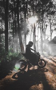 Preview wallpaper motorcyclist, motorcycle, bike, forest, fog