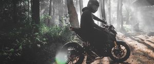 Preview wallpaper motorcyclist, motorcycle, bike, forest, fog