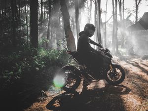 Preview wallpaper motorcyclist, motorcycle, bike, forest, fog