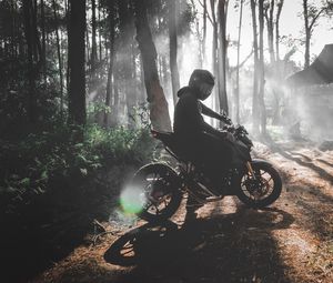 Preview wallpaper motorcyclist, motorcycle, bike, forest, fog