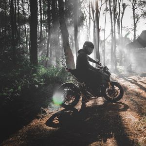 Preview wallpaper motorcyclist, motorcycle, bike, forest, fog