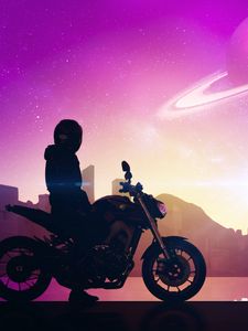 Preview wallpaper motorcyclist, motorcycle, bike, city, space, art