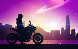 Preview wallpaper motorcyclist, motorcycle, bike, city, space, art