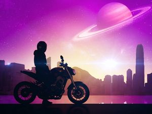 Preview wallpaper motorcyclist, motorcycle, bike, city, space, art