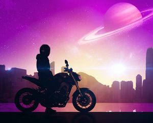 Preview wallpaper motorcyclist, motorcycle, bike, city, space, art