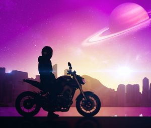 Preview wallpaper motorcyclist, motorcycle, bike, city, space, art