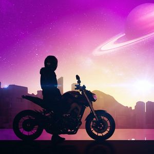 Preview wallpaper motorcyclist, motorcycle, bike, city, space, art