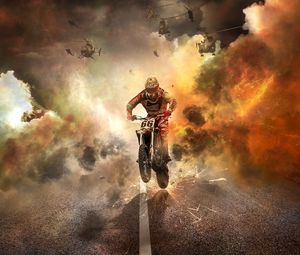 Preview wallpaper motorcyclist, motorcycle, helicopters, sparks, fire, road