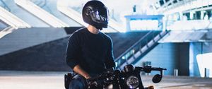 Preview wallpaper motorcyclist, motorcycle, helmet, headlight