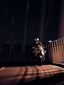 Preview wallpaper motorcyclist, motorcycle, helmet, night