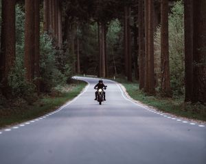 Preview wallpaper motorcyclist, motorcycle, road, forest, movement, turn