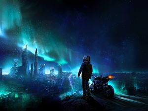 Preview wallpaper motorcyclist, night, starry sky, art