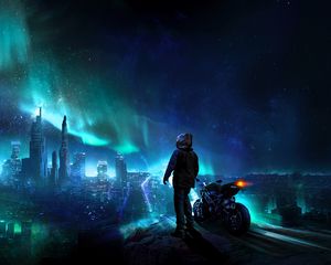 Preview wallpaper motorcyclist, night, starry sky, art