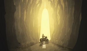 Preview wallpaper motorcyclist, silhouette, art, forest, fantastic, wolf, muzzle