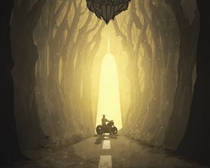 Preview wallpaper motorcyclist, silhouette, art, forest, fantastic, wolf, muzzle