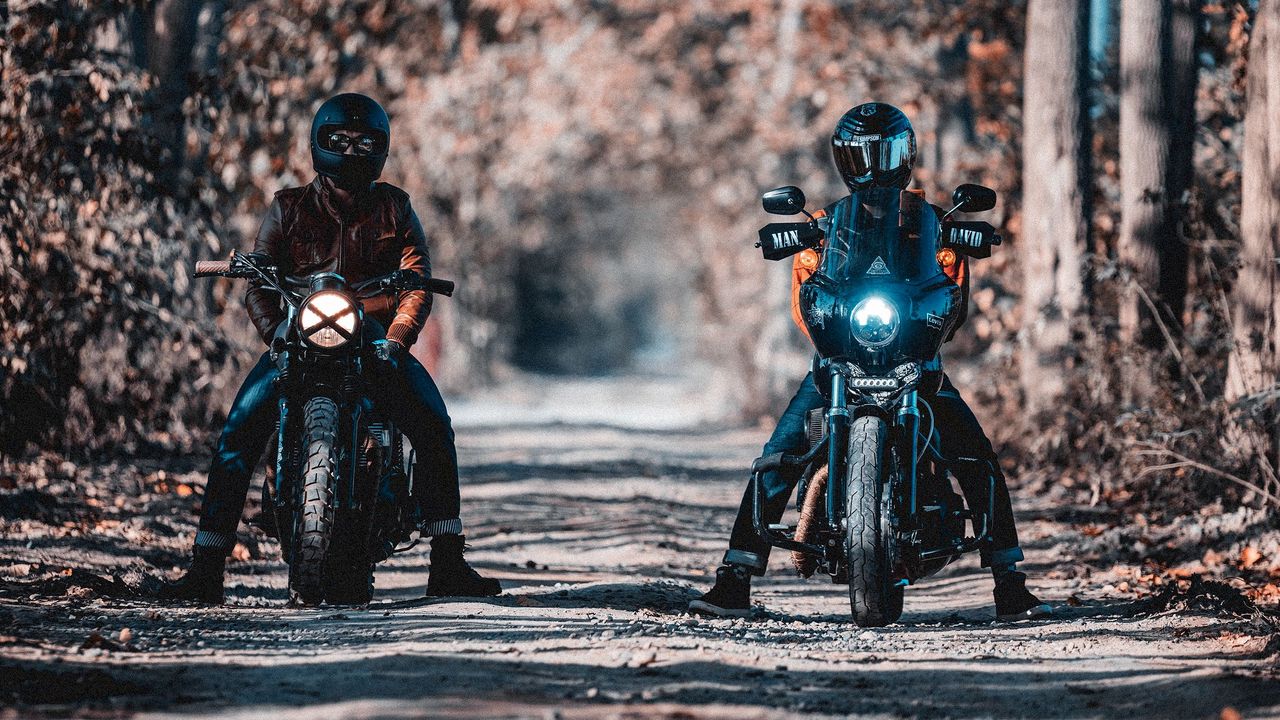 Wallpaper motorcyclists, bikers, bike, motorcycle, forest, road