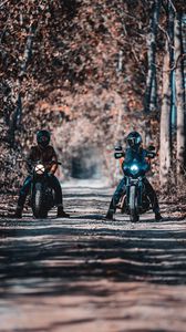Preview wallpaper motorcyclists, bikers, bike, motorcycle, forest, road