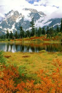 Preview wallpaper mount shuksan, washington, park, lake, mountain, autumn