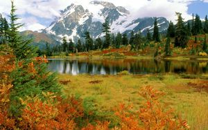 Preview wallpaper mount shuksan, washington, park, lake, mountain, autumn