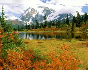 Preview wallpaper mount shuksan, washington, park, lake, mountain, autumn