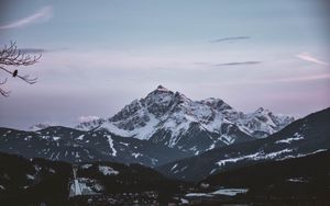 Preview wallpaper mountain, aerial view, peak, snowy, sky, horizon