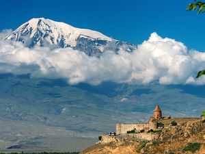 Preview wallpaper mountain, ararat, armenia, height, architecture, structure, clouds