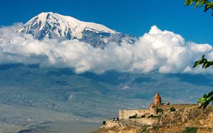 Preview wallpaper mountain, ararat, height, clouds, temple