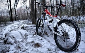 Preview wallpaper mountain bicycle, wood, traces, snow