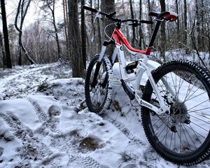 Preview wallpaper mountain bicycle, wood, traces, snow