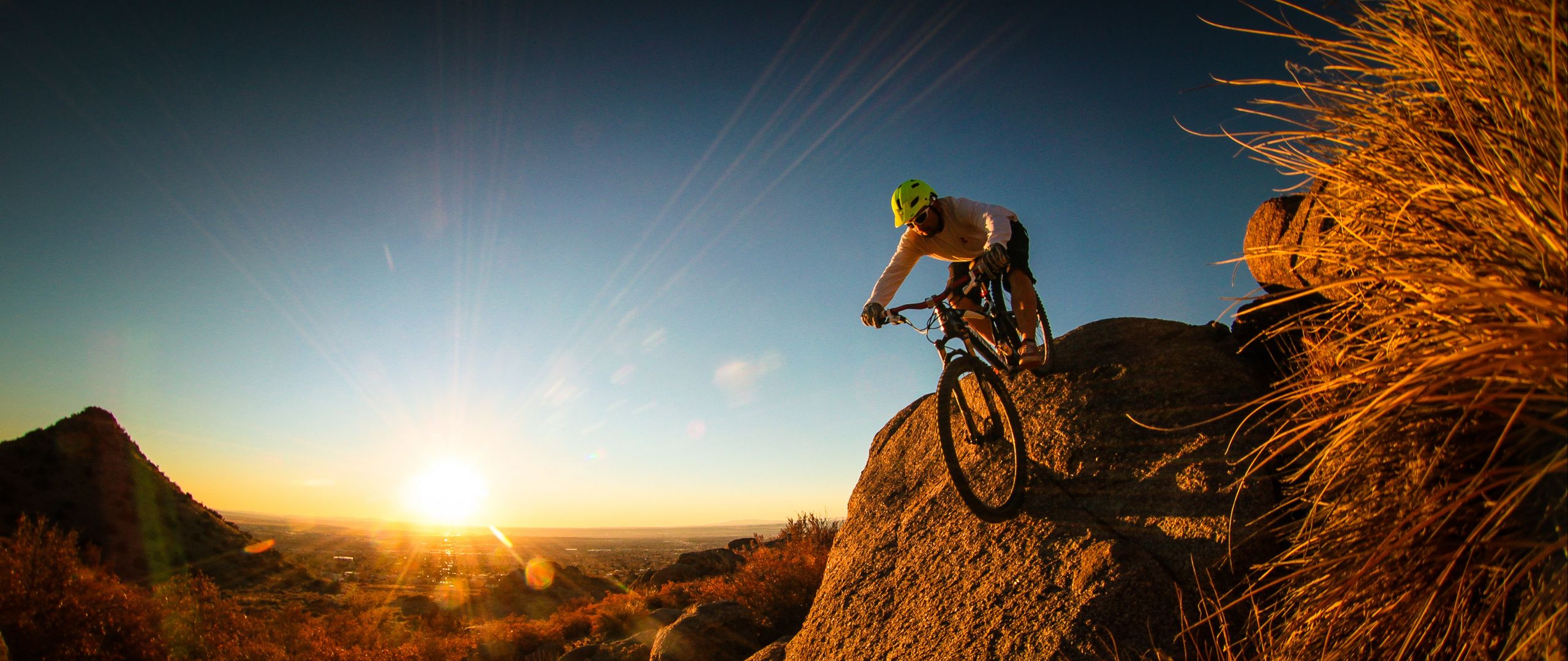 Download wallpaper 2560x1080 mountain bike, cyclist, man dual wide 1080p hd  background