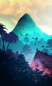 Preview wallpaper mountain, birds, trees, palm trees, tropics