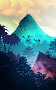 Preview wallpaper mountain, birds, trees, palm trees, tropics