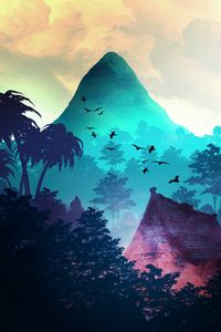 Preview wallpaper mountain, birds, trees, palm trees, tropics