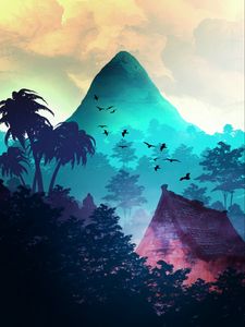 Preview wallpaper mountain, birds, trees, palm trees, tropics