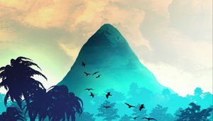 Preview wallpaper mountain, birds, trees, palm trees, tropics